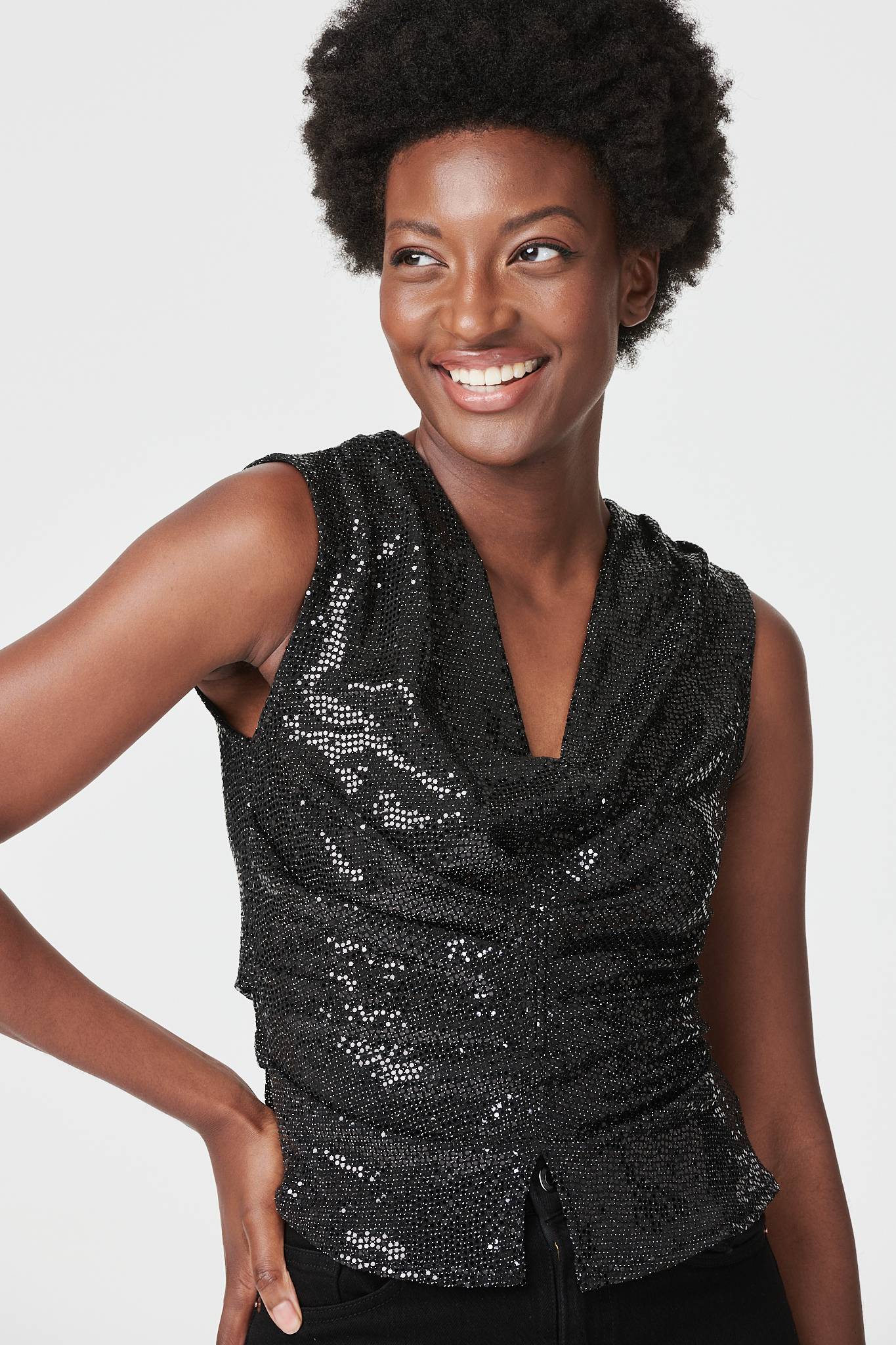 Black | Embellished Cowl Neck Vest Top