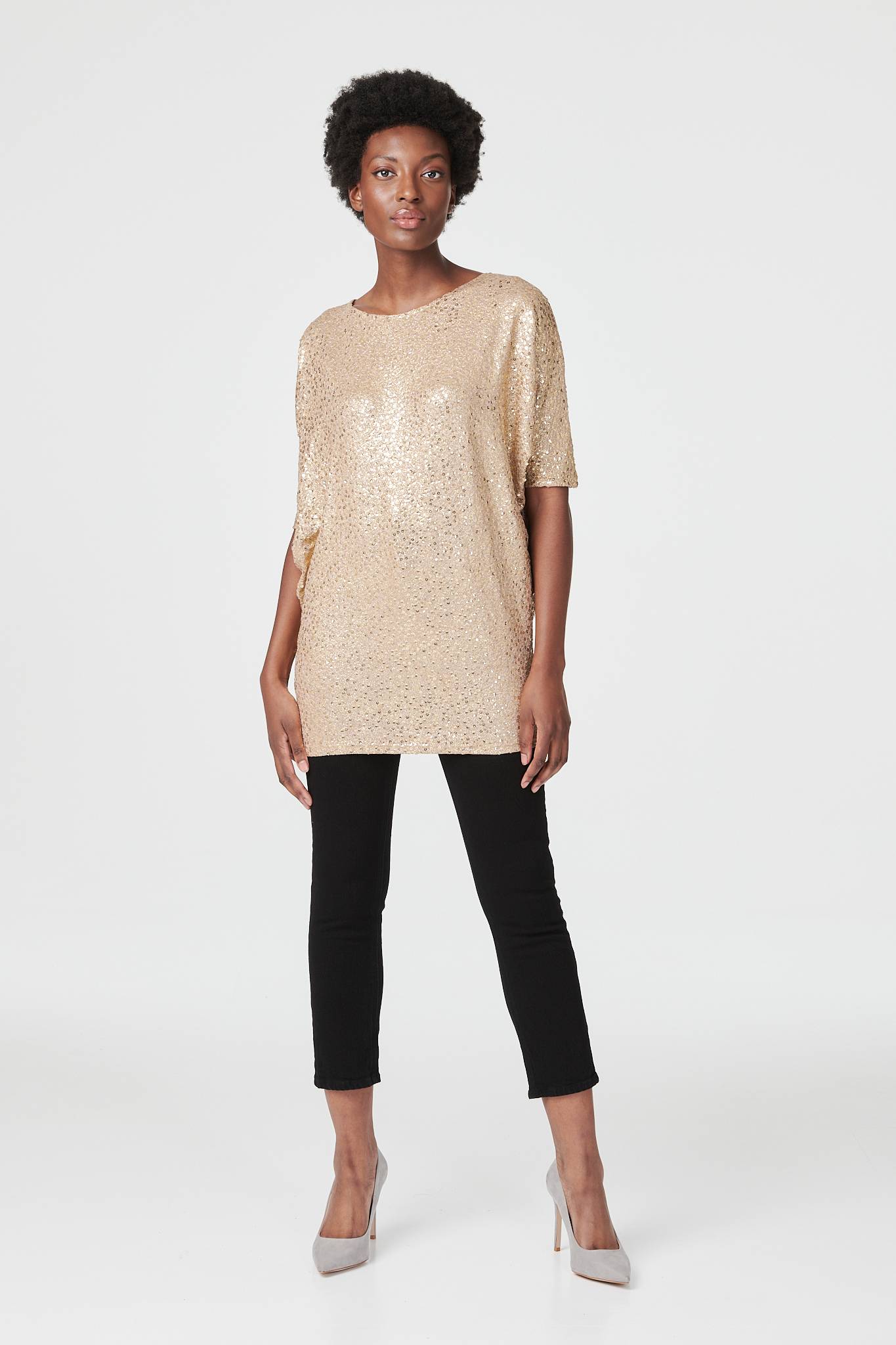 Gold | Sequin Short Sleeve Longline Top
