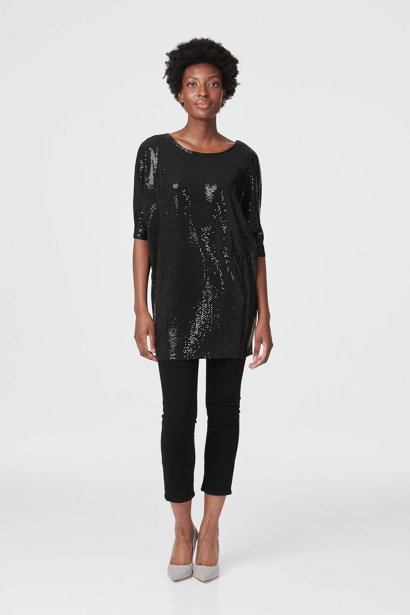 Black | Sequin Round Neck Longline Top