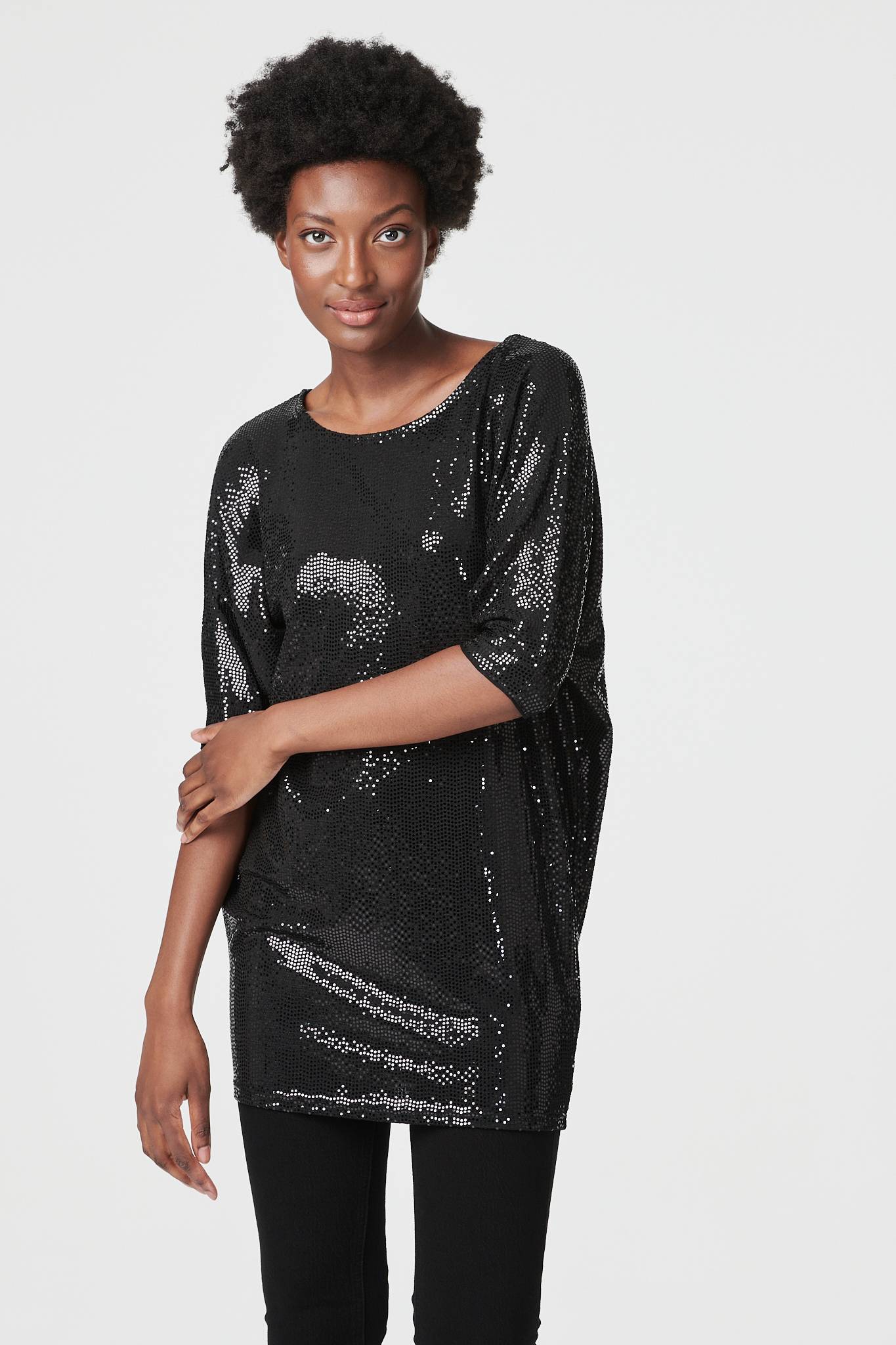 Black | Sequin Round Neck Longline Top