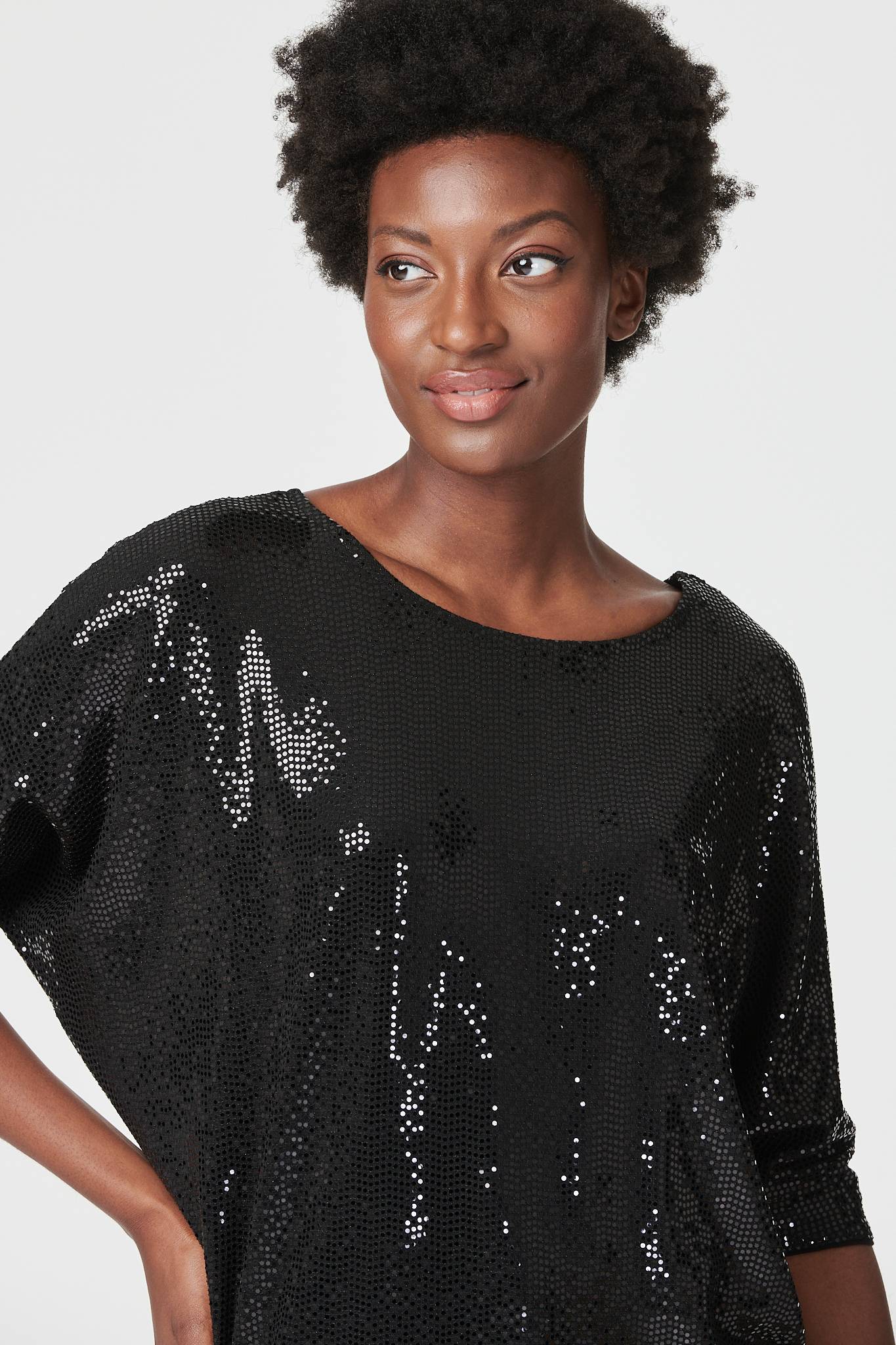 Black | Sequin Round Neck Longline Top