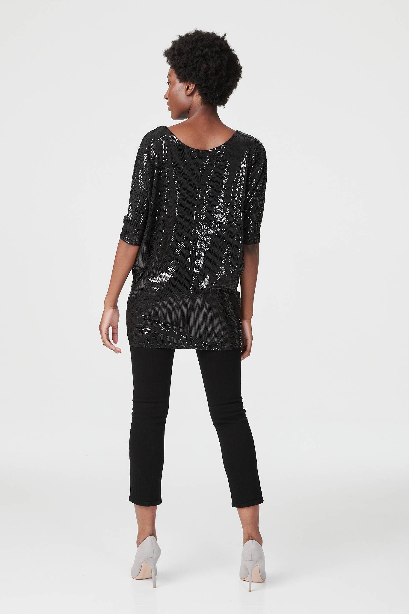 Black | Sequin Round Neck Longline Top