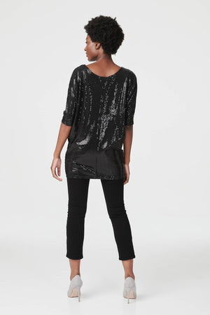 Black | Sequin Round Neck Longline Top