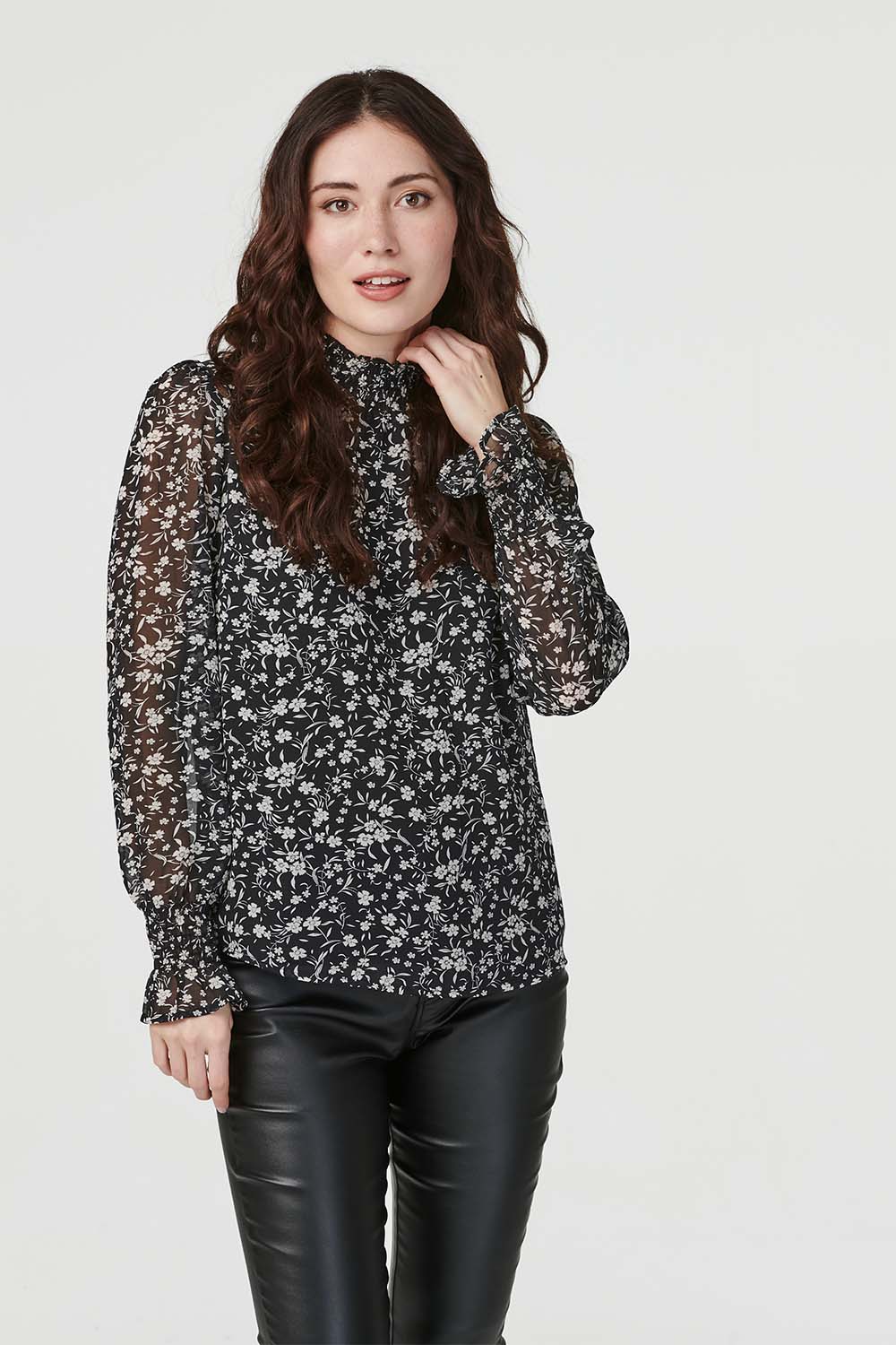 Black | Ditsy Floral High Neck Blouse