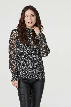 Black | Ditsy Floral High Neck Blouse