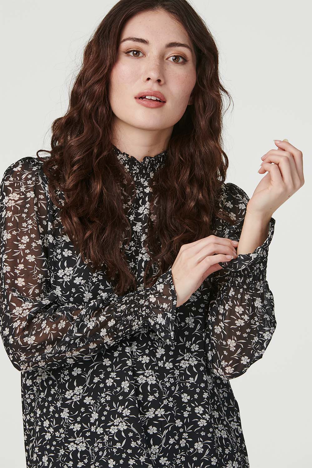 Black | Ditsy Floral High Neck Blouse