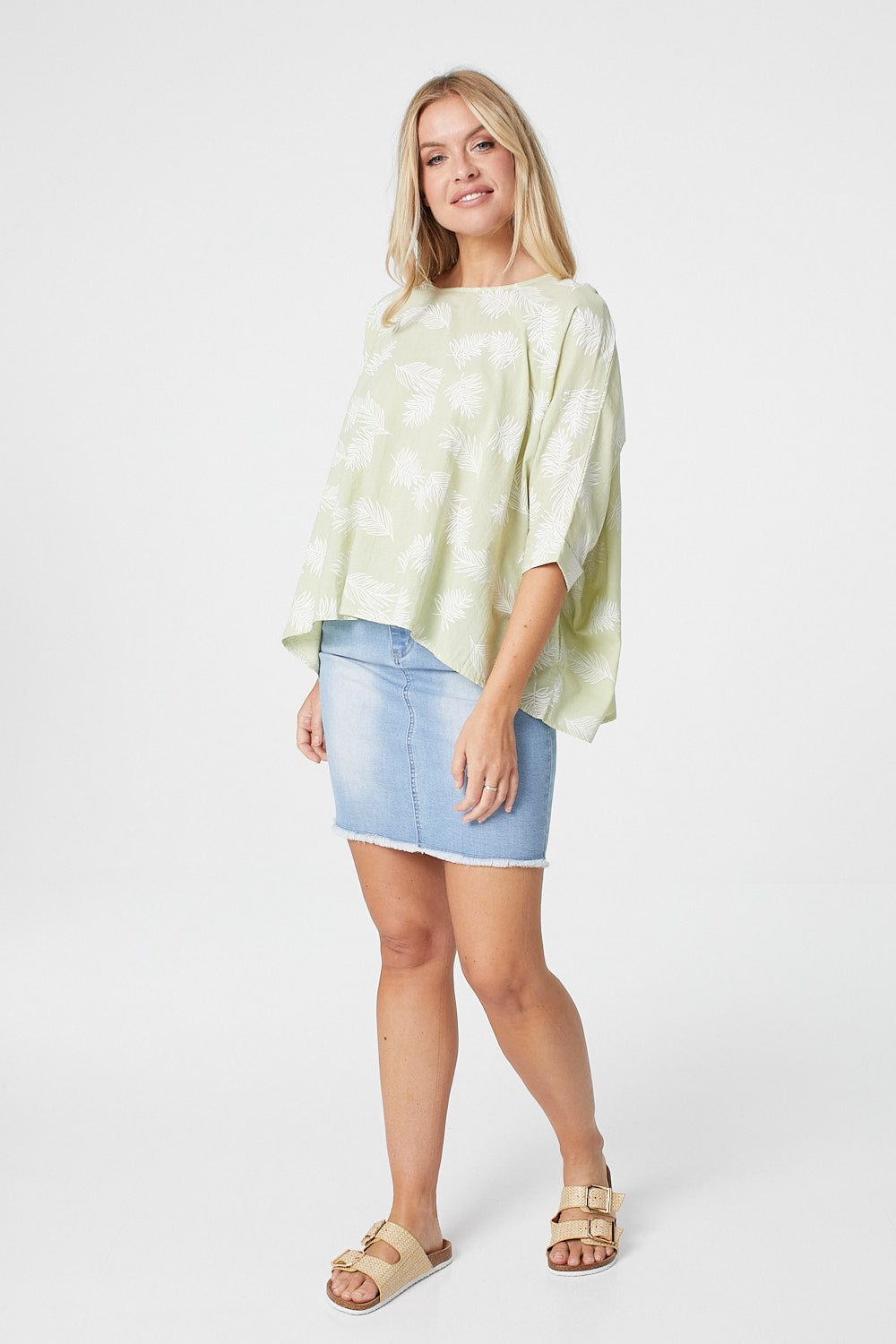 Sage | Leaf Print Oversized Batwing Top