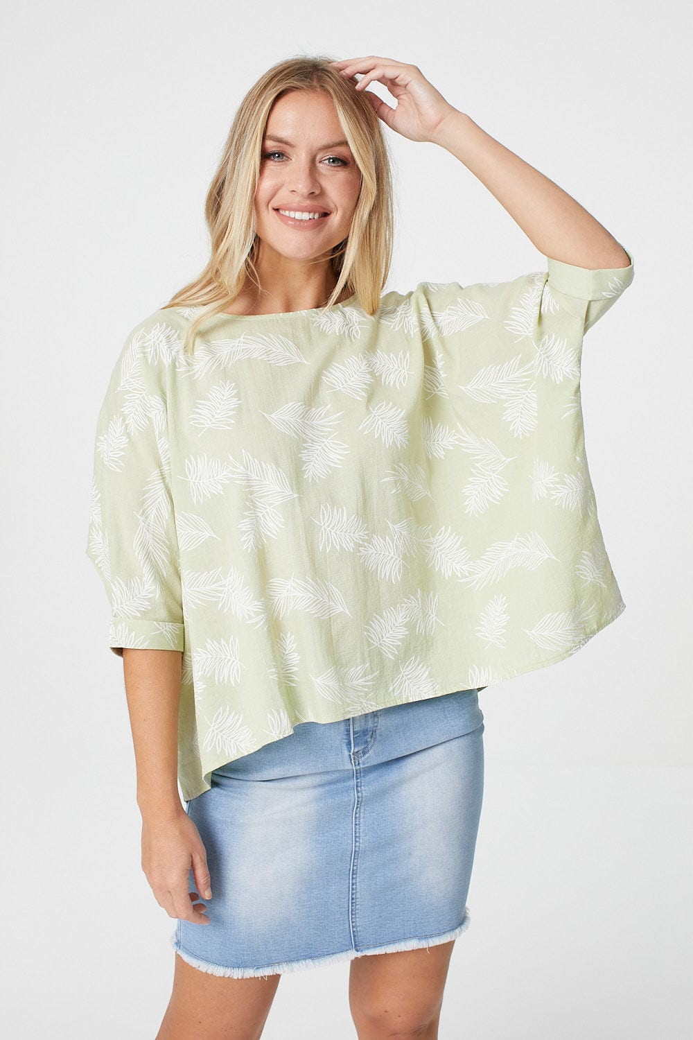 Sage | Leaf Print Oversized Batwing Top