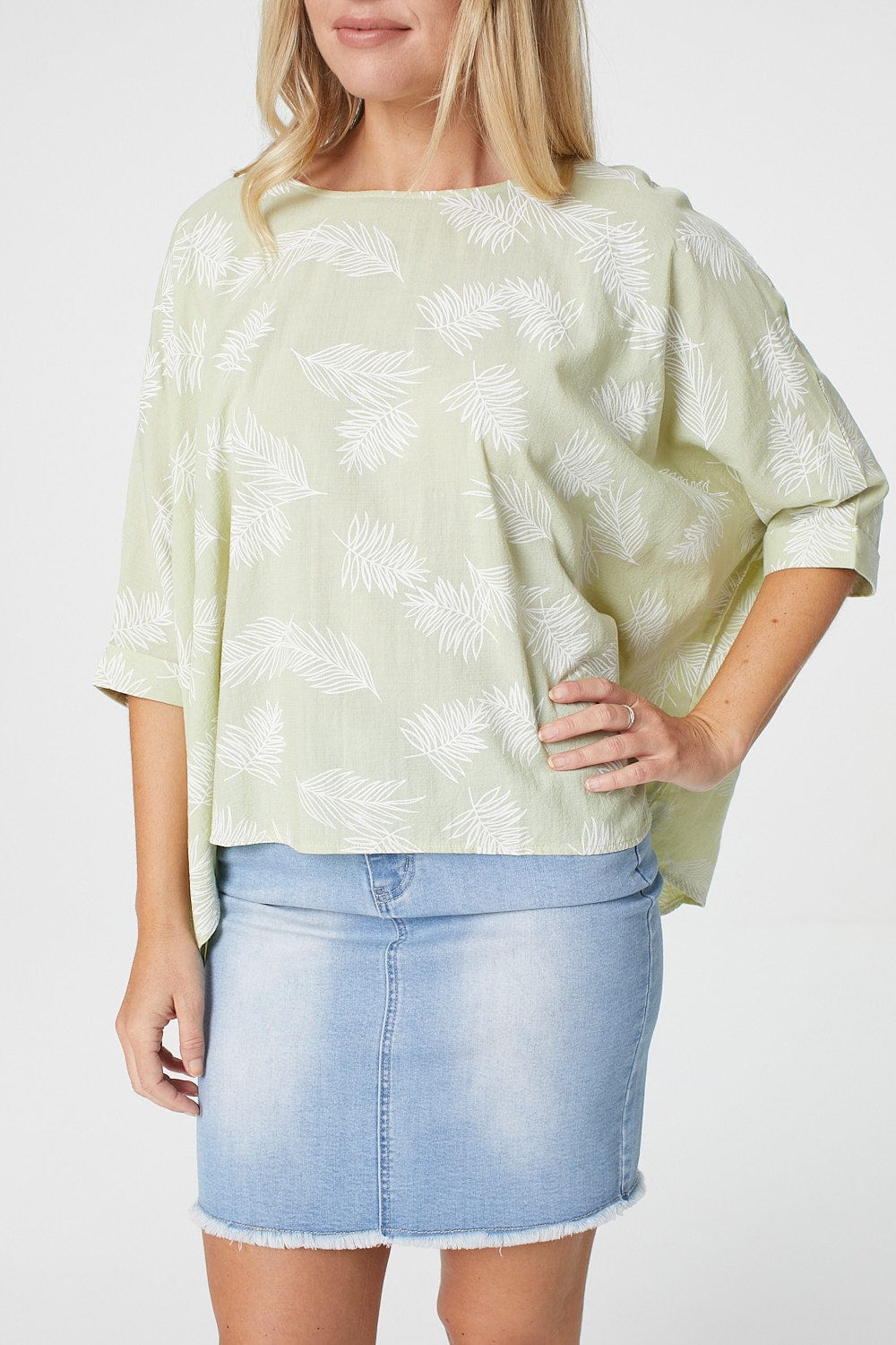 Sage | Leaf Print Oversized Batwing Top