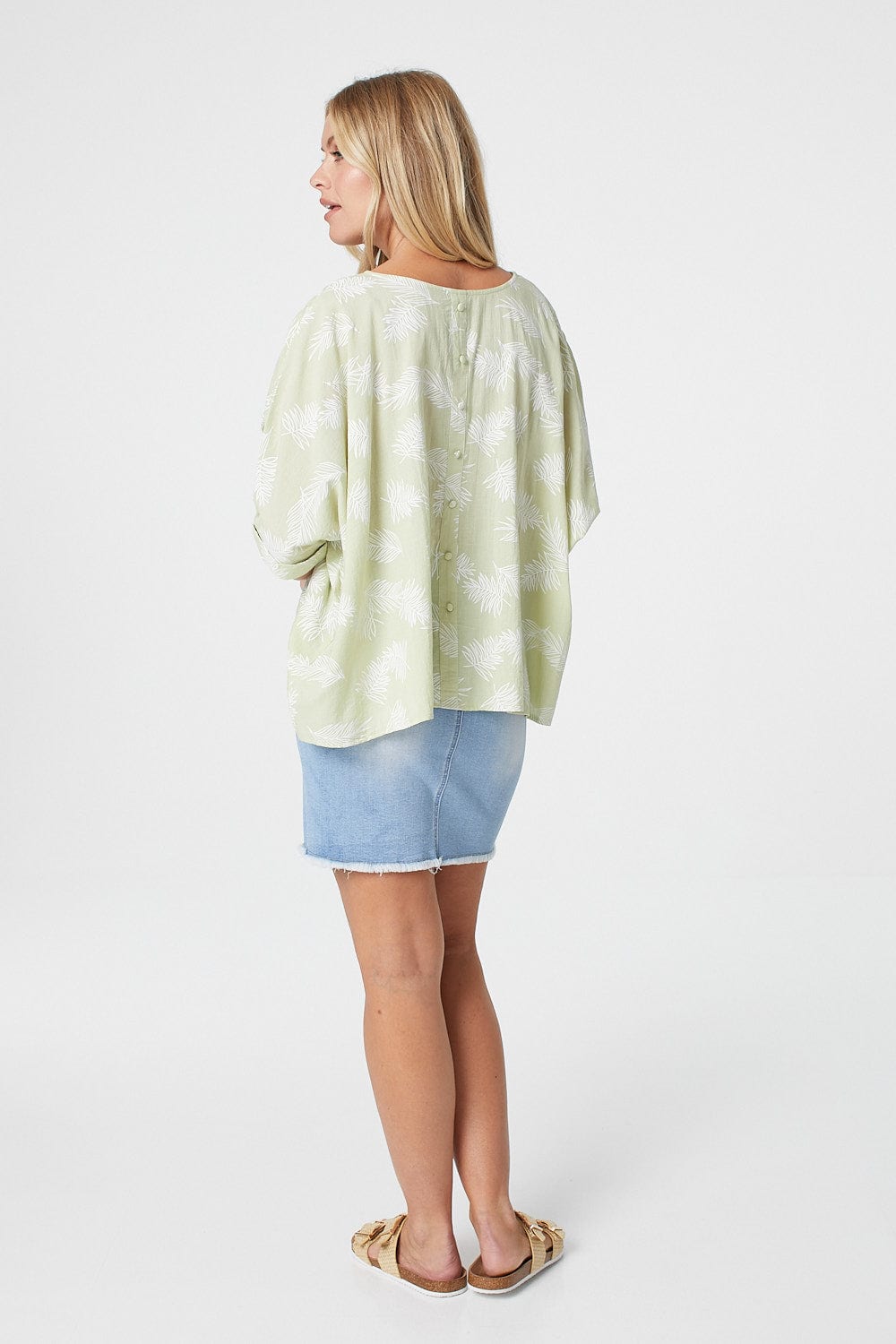 Sage | Leaf Print Oversized Batwing Top