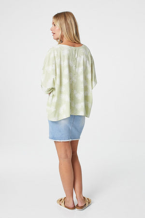 Sage | Leaf Print Oversized Batwing Top
