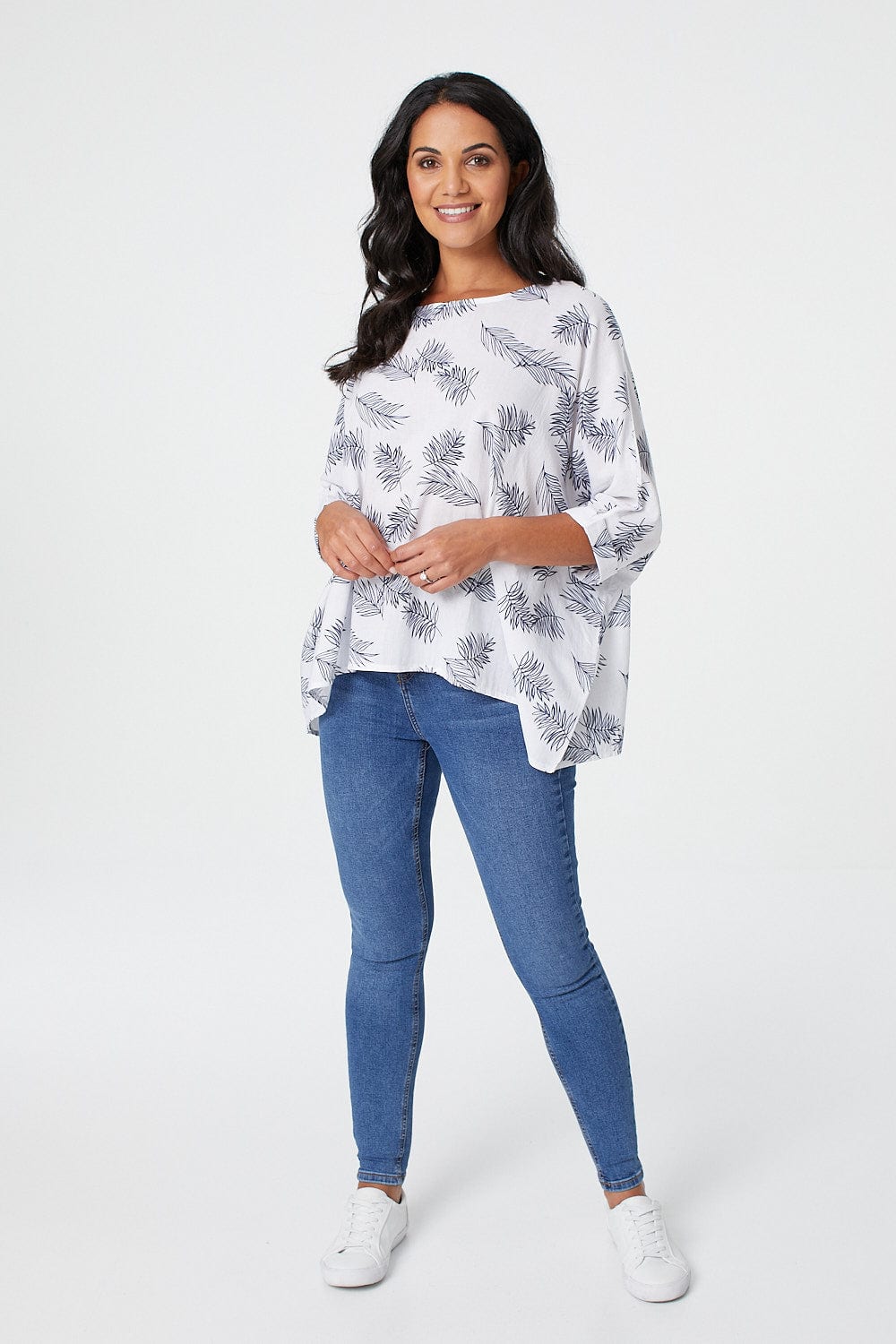 White | Leaf Print Oversized Batwing Top