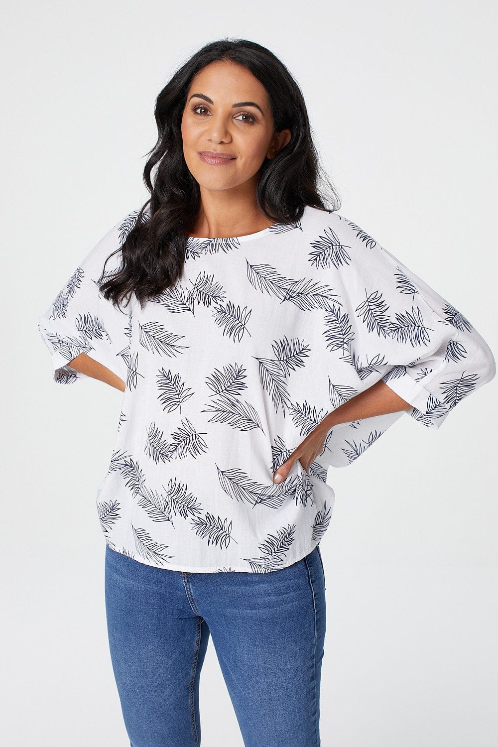 White | Leaf Print Oversized Batwing Top