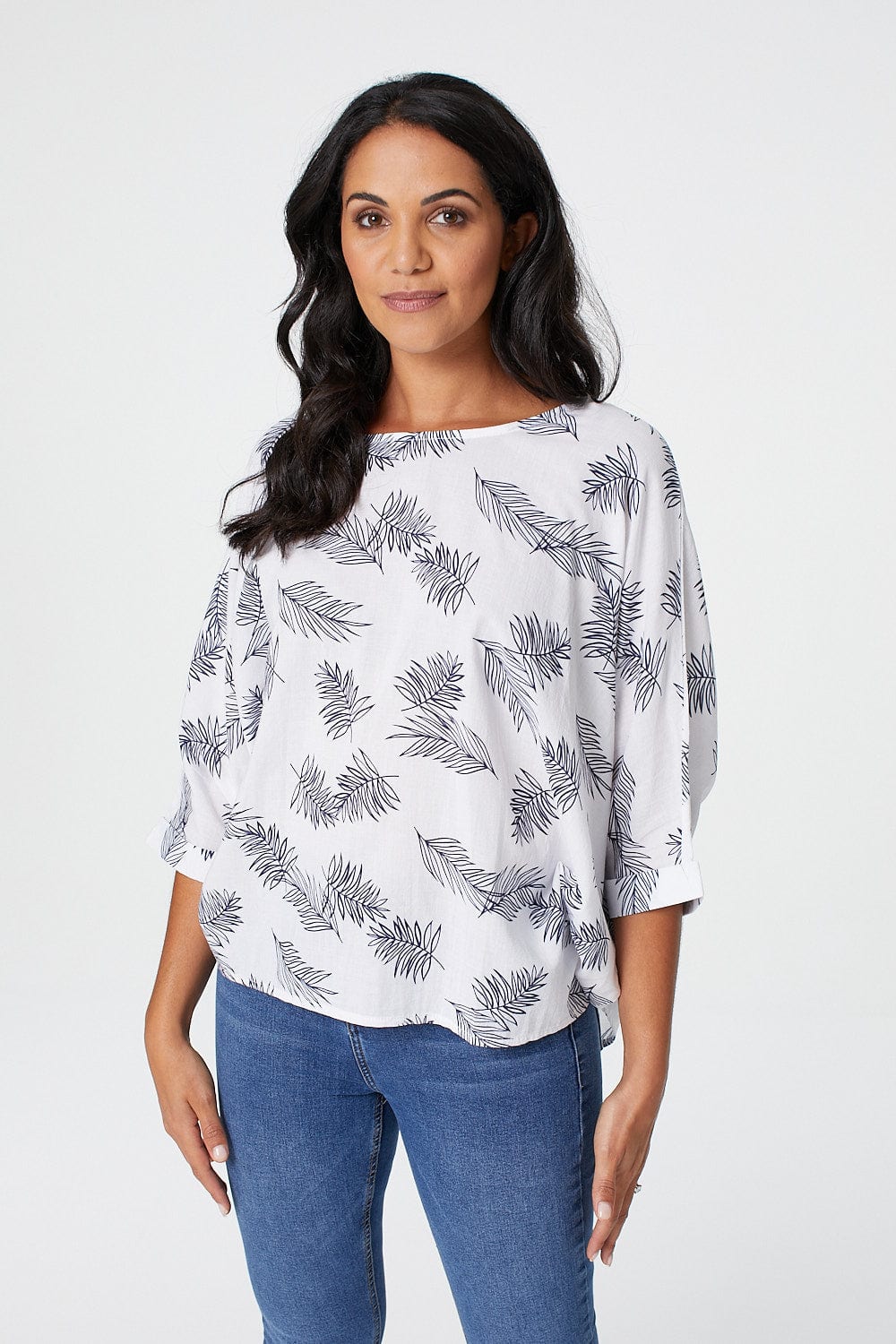 White | Leaf Print Oversized Batwing Top