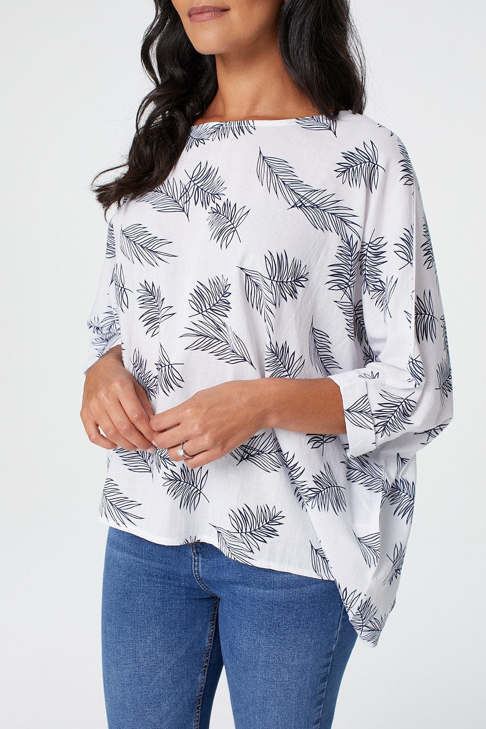 White | Leaf Print Oversized Batwing Top