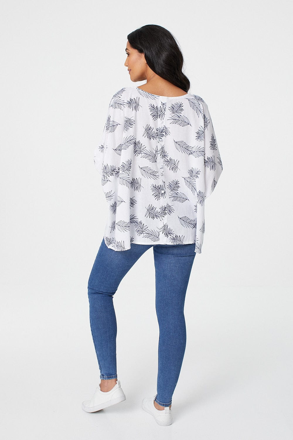 White | Leaf Print Oversized Batwing Top