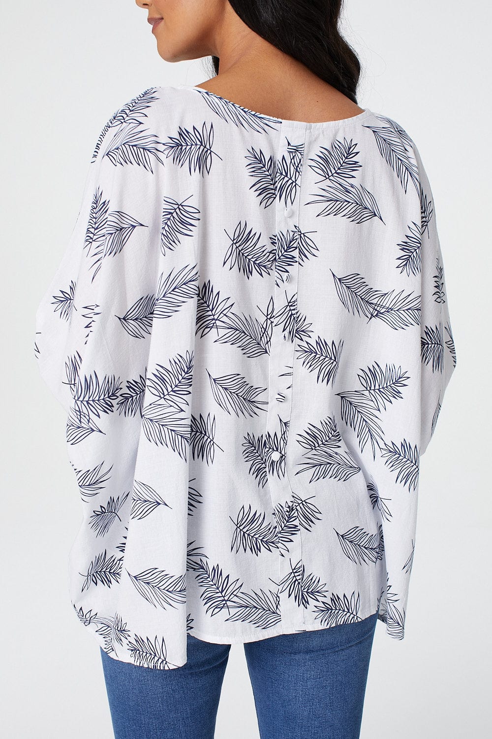 White | Leaf Print Oversized Batwing Top