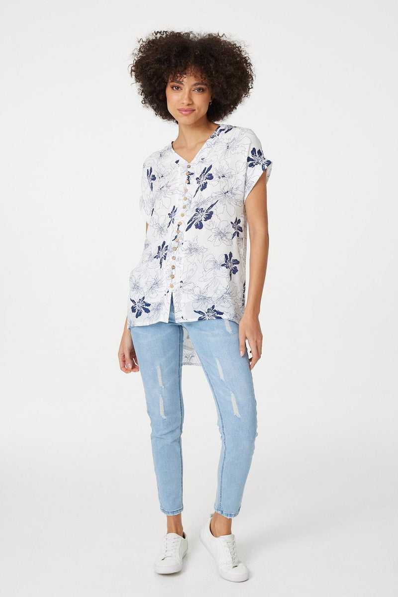 Navy | Floral Button Front Detail Blouse