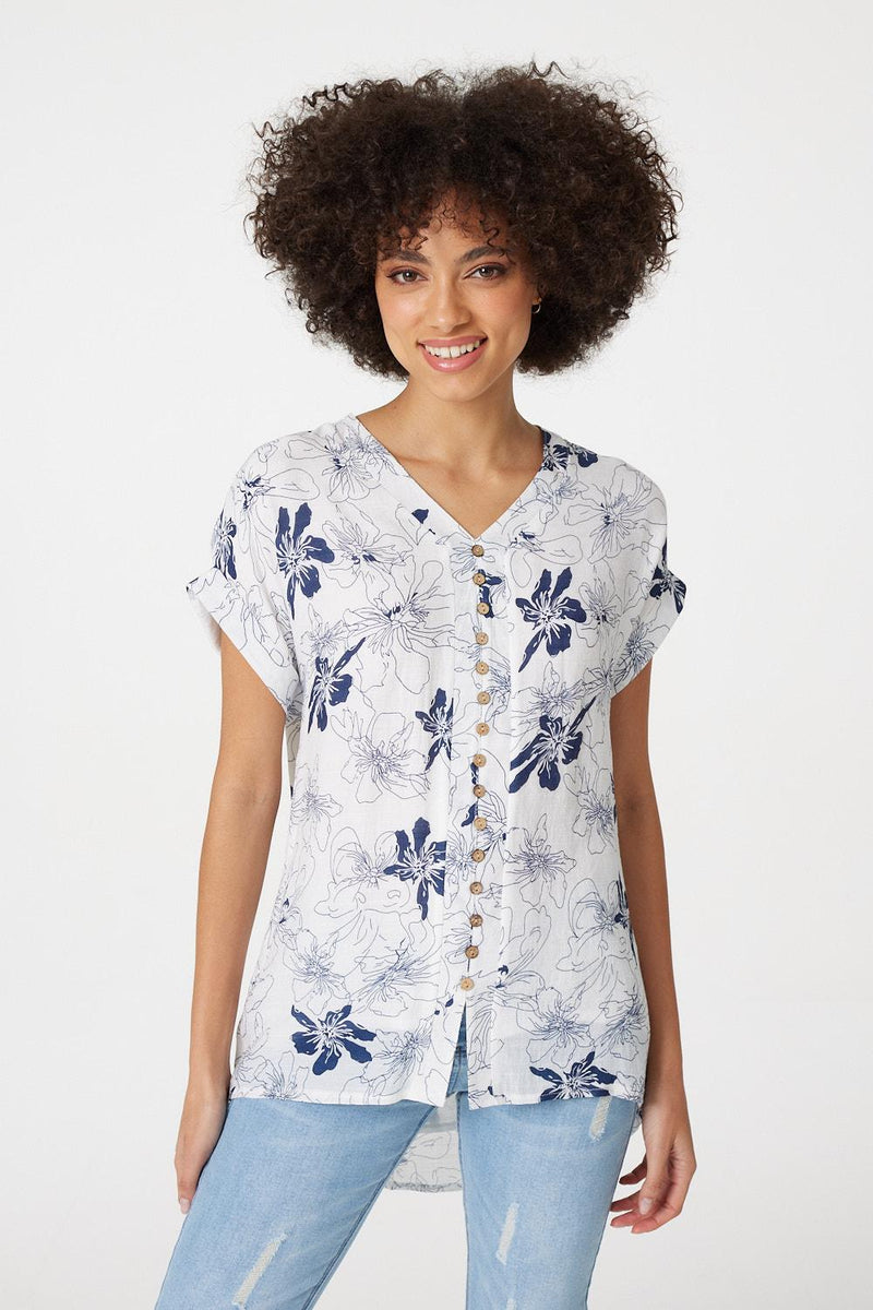 Navy | Floral Button Front Detail Blouse