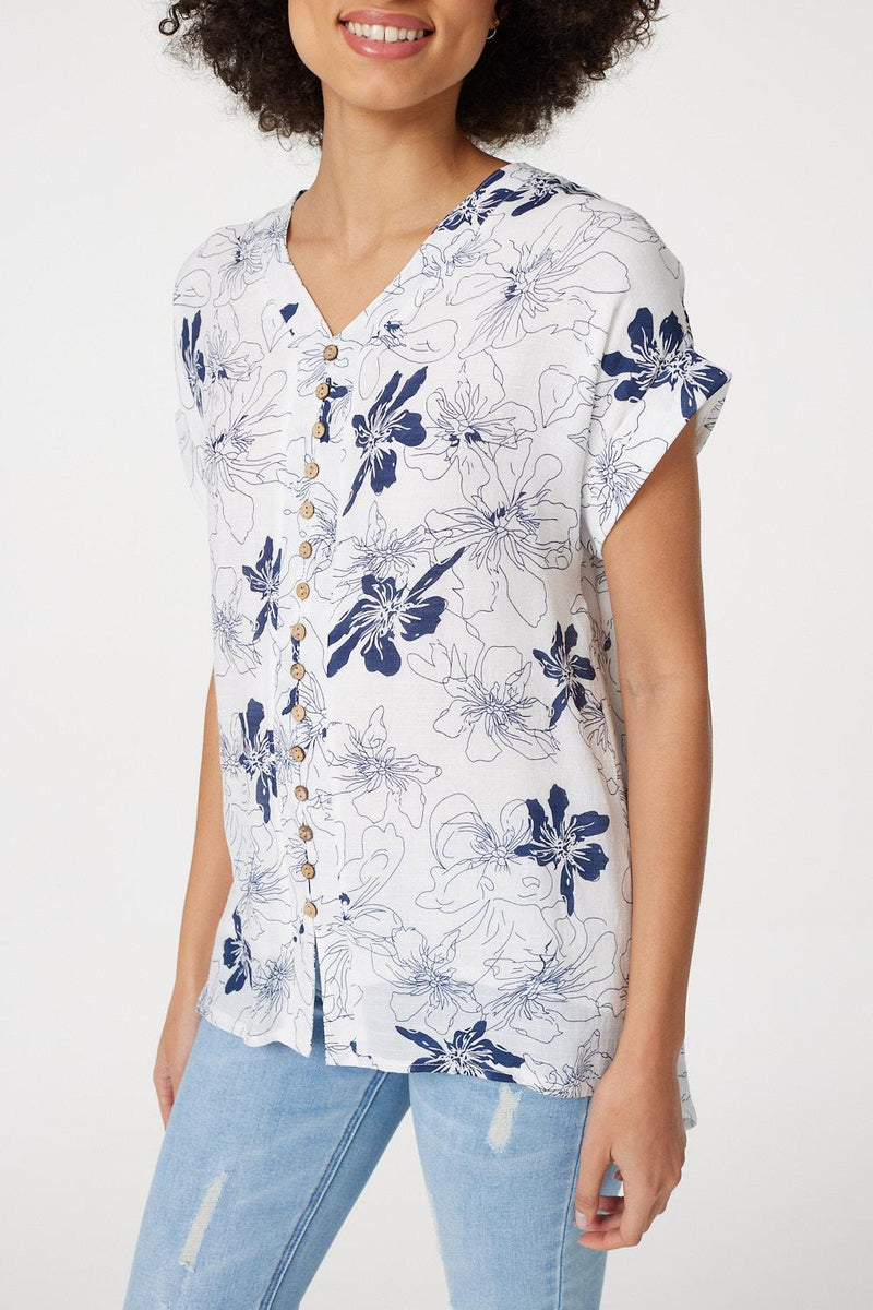 Navy | Floral Button Front Detail Blouse