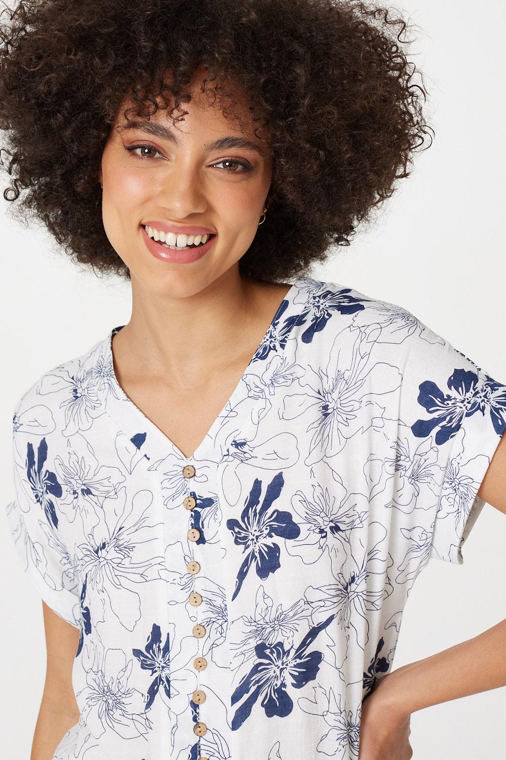Navy | Floral Button Front Detail Blouse