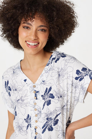 Navy | Floral Button Front Detail Blouse