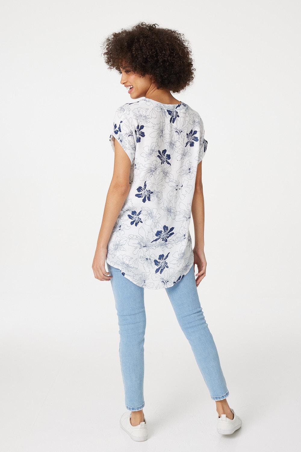 Navy | Floral Button Front Detail Blouse