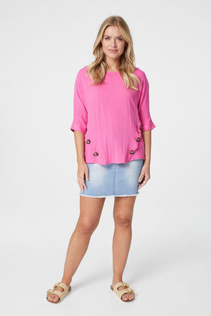 Pink | Button Detail 3/4 Sleeve Top