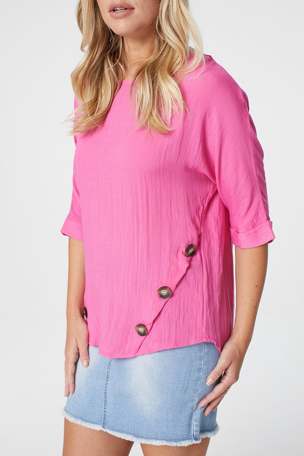 Pink | Button Detail 3/4 Sleeve Top