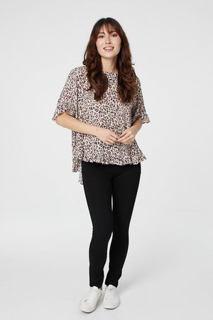 Beige | Leopard Print Short Sleeve Smock Top