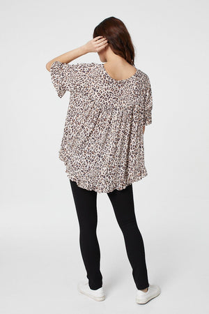 Beige | Leopard Print Short Sleeve Smock Top