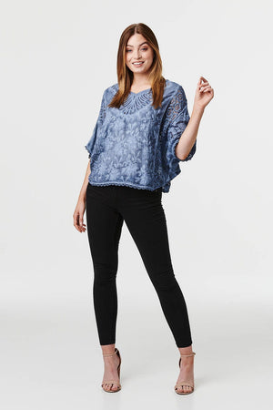 Indigo | Embroidered Lace Batwing Top