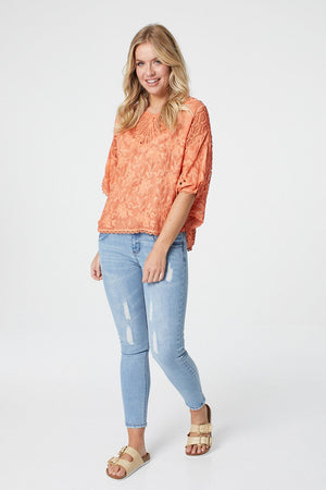 Orange | Embroidered Lace Batwing Top