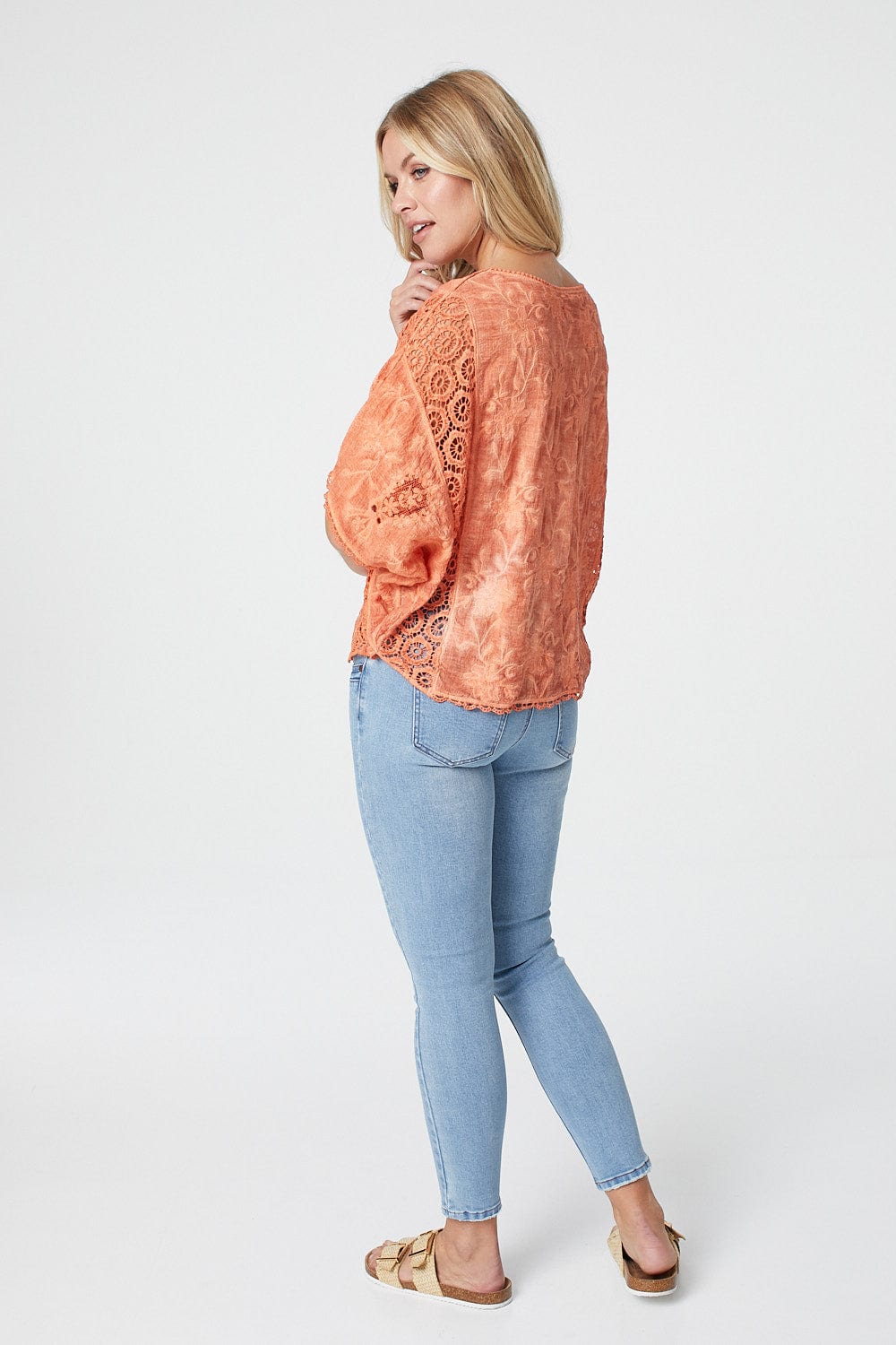 Orange | Embroidered Lace Batwing Top