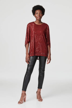 Burgundy | Sequin 3/4 Sleeve Longline Top