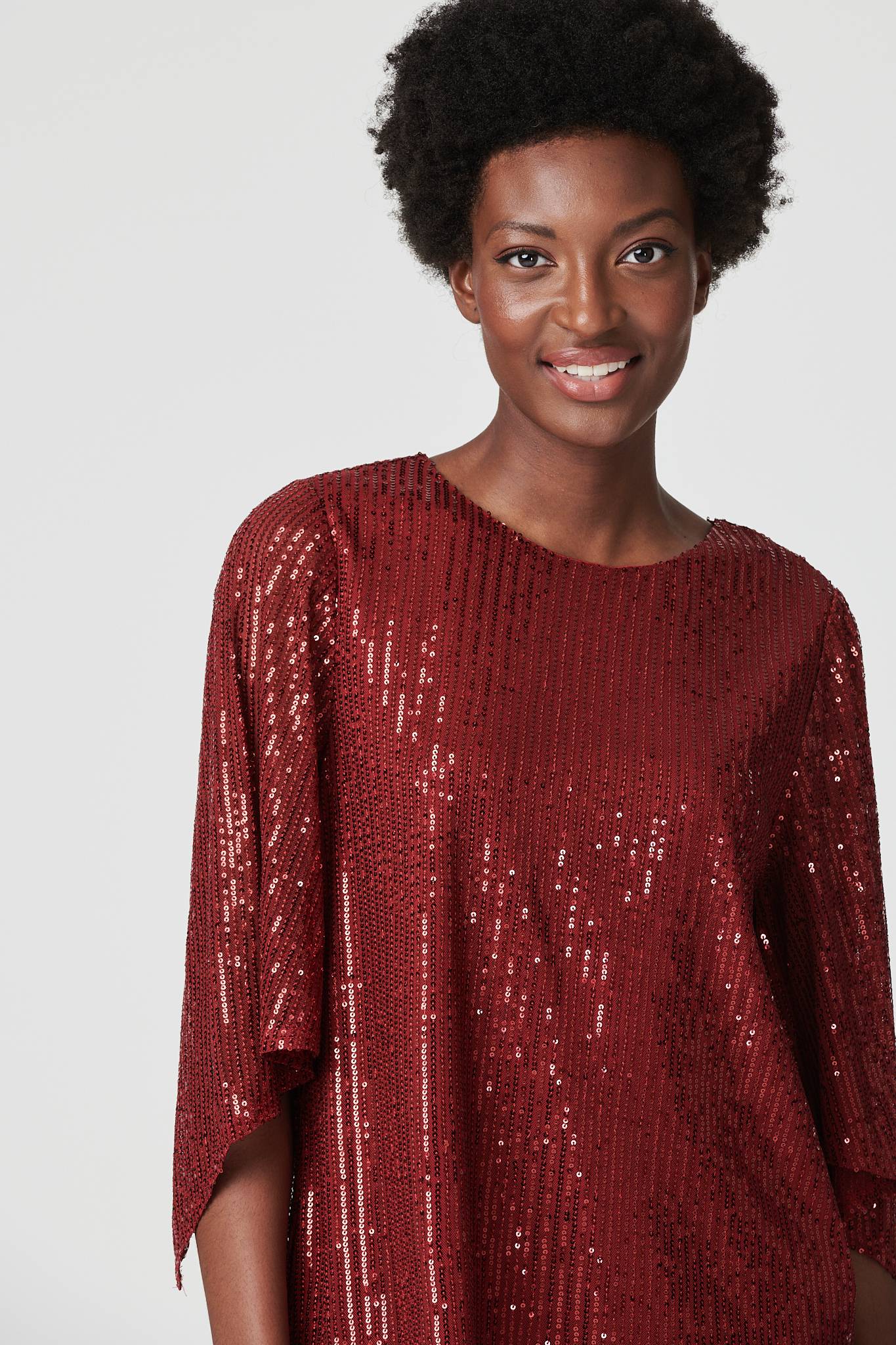 Burgundy | Sequin 3/4 Sleeve Longline Top
