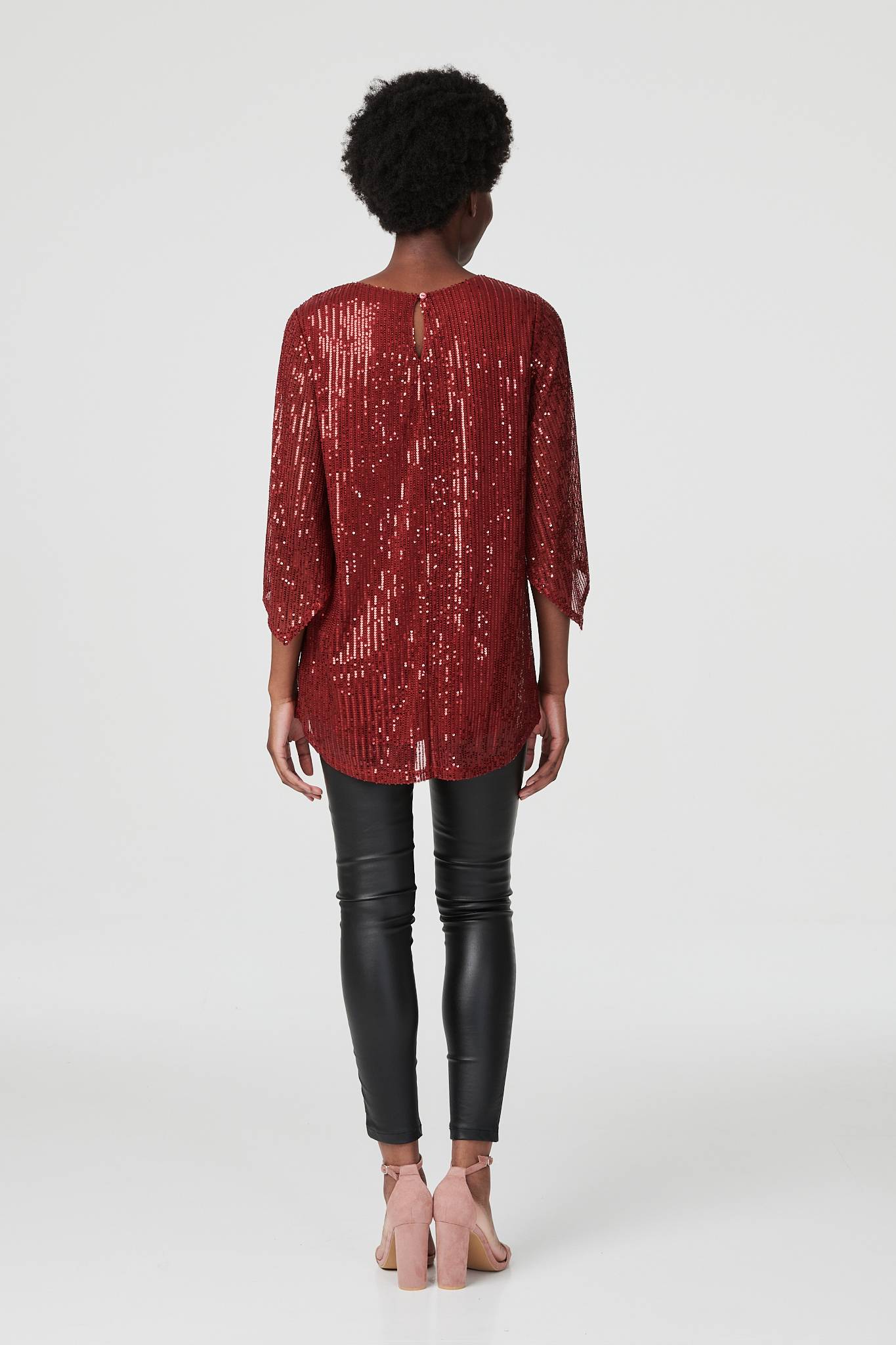 Burgundy | Sequin 3/4 Sleeve Longline Top