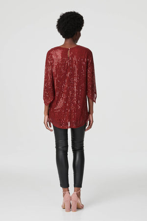 Burgundy | Sequin 3/4 Sleeve Longline Top