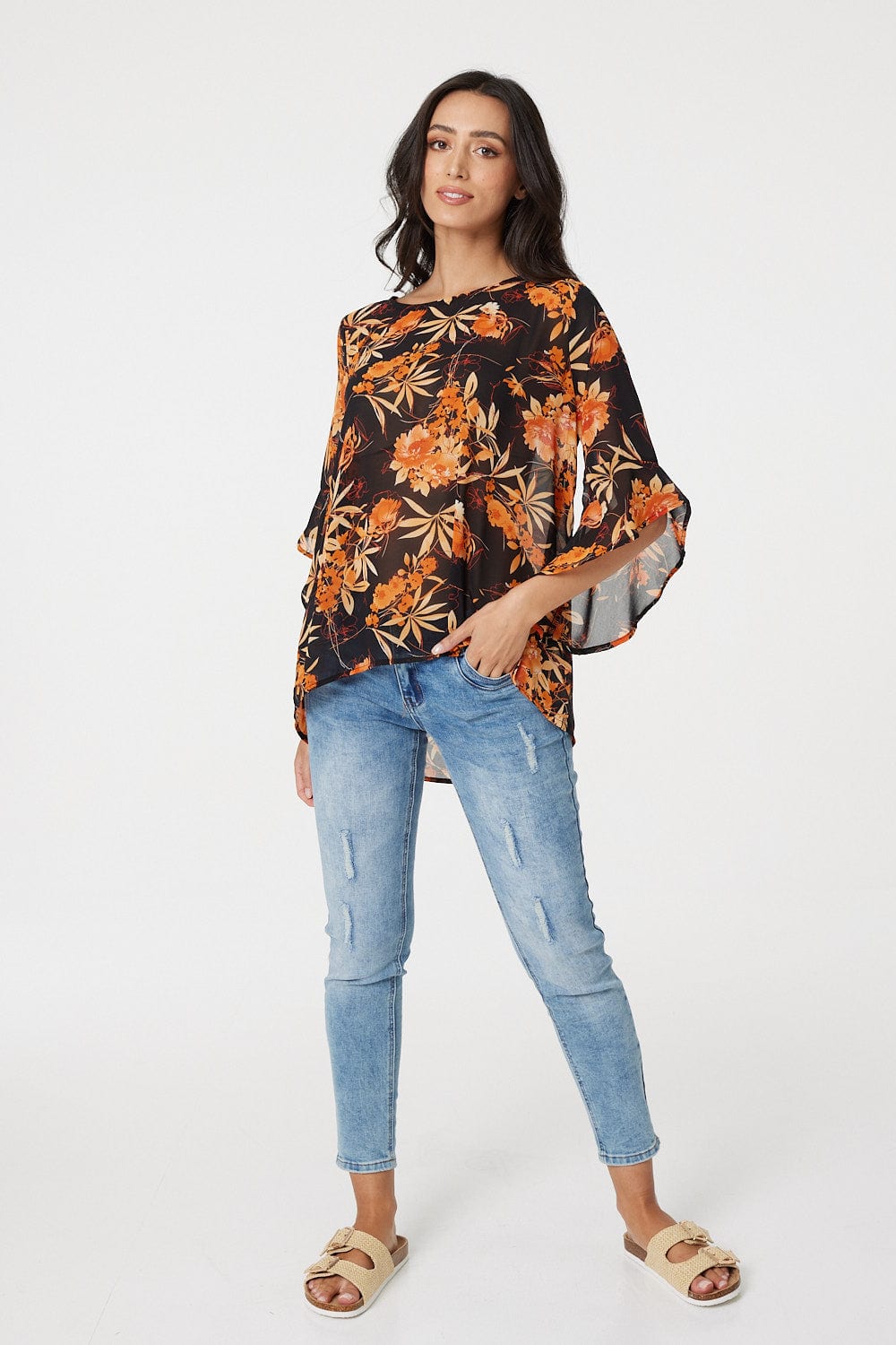 Orange | Floral Frilled 3/4 Sleeve Blouse
