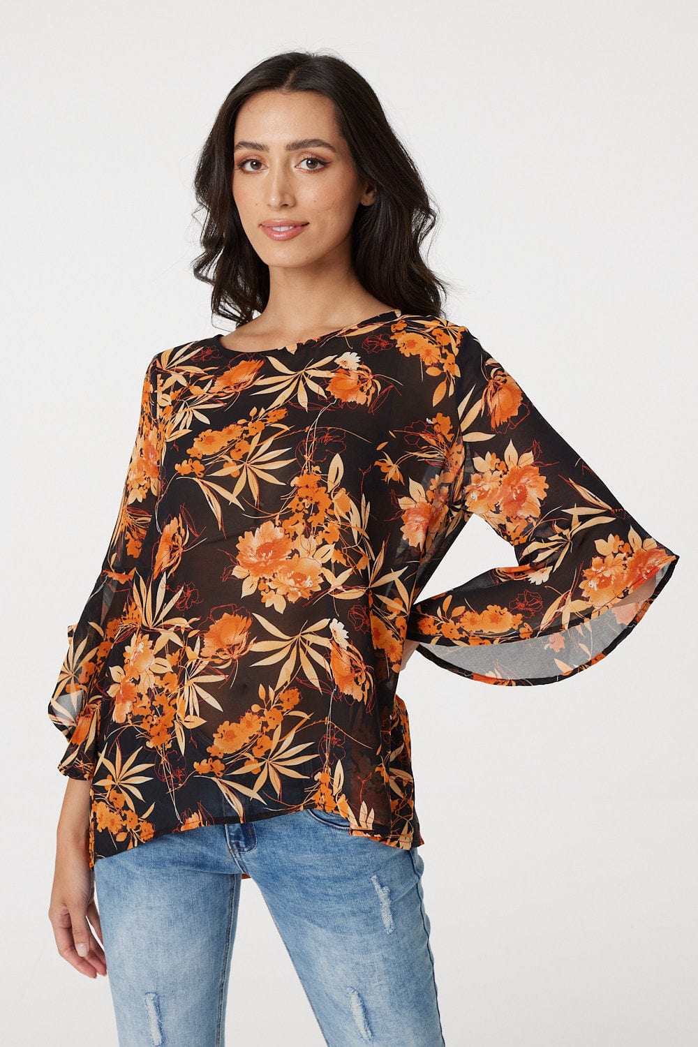 Orange | Floral Frilled 3/4 Sleeve Blouse