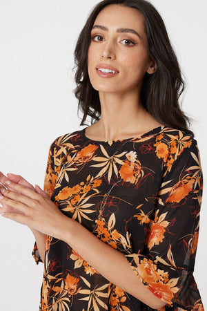 Orange | Floral Frilled 3/4 Sleeve Blouse