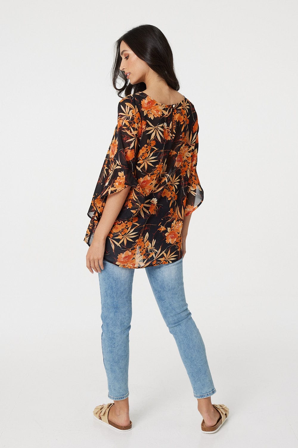 Orange | Floral Frilled 3/4 Sleeve Blouse