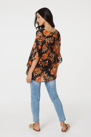 Orange | Floral Frilled 3/4 Sleeve Blouse