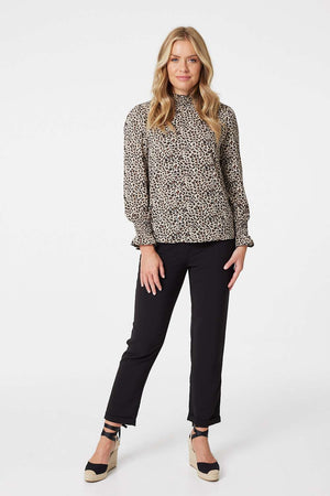 Beige | Animal Print High Neck Blouse