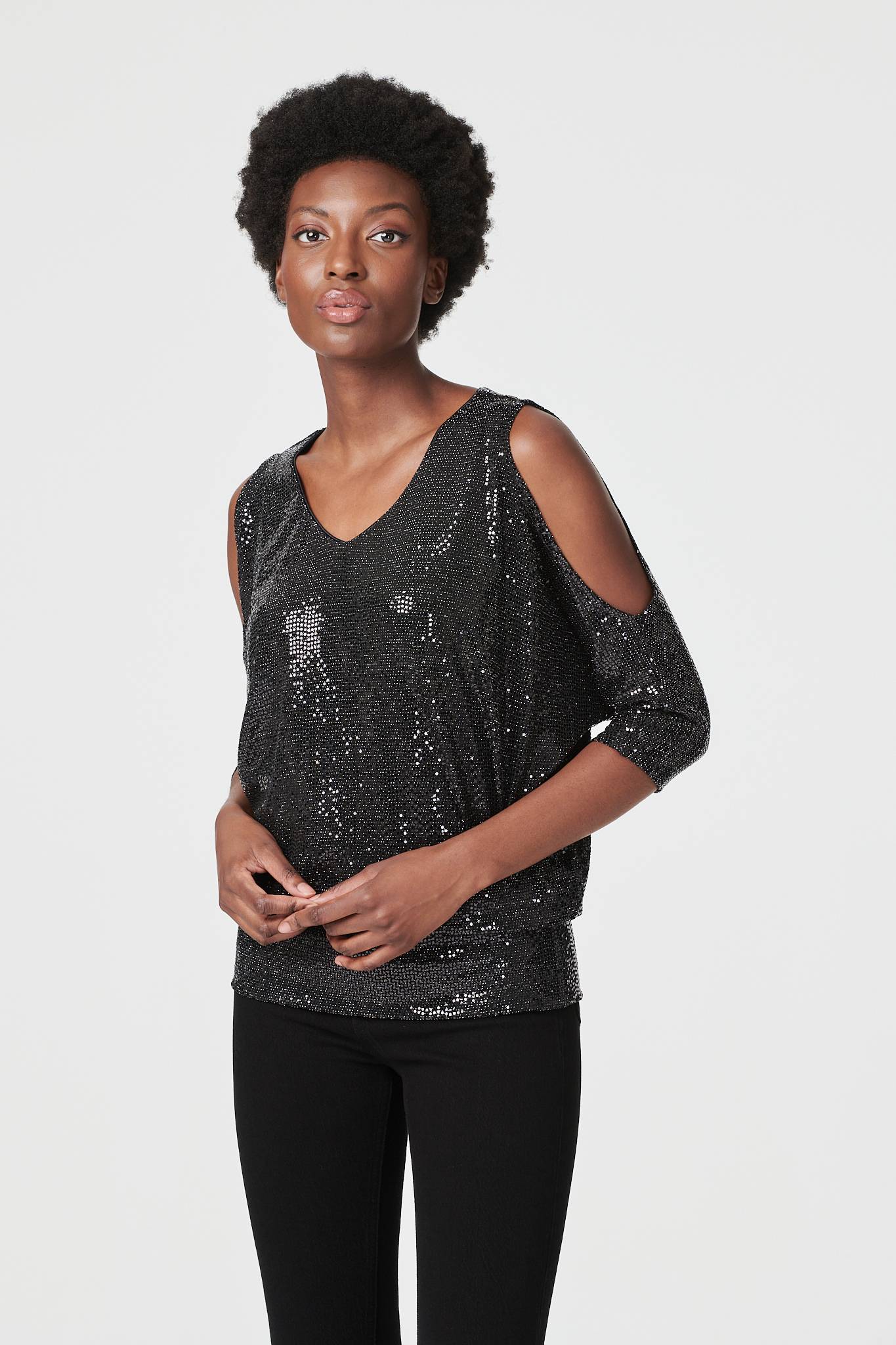 Black | Sequin Cold Shoulder Top