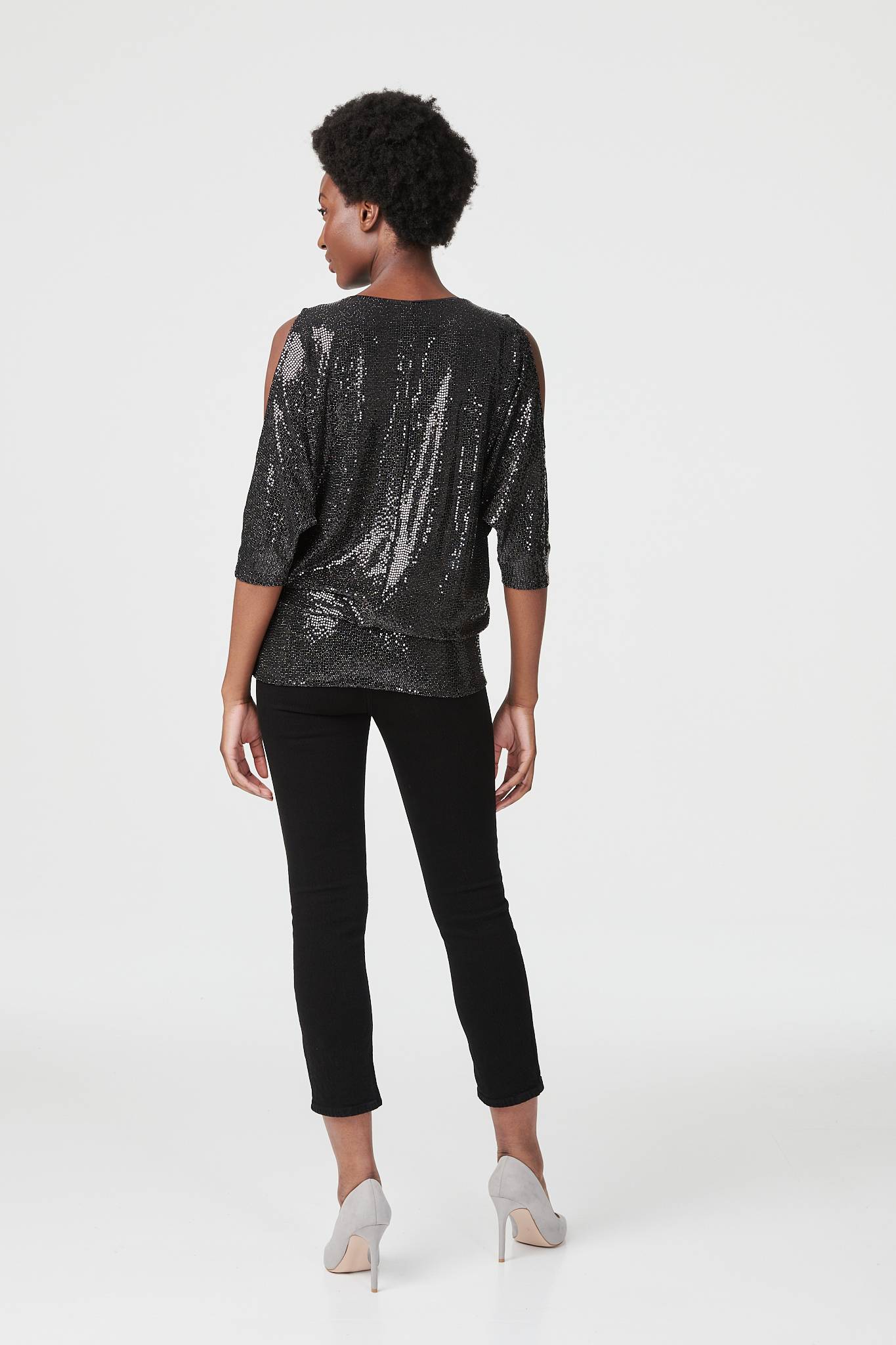 Black | Sequin Cold Shoulder Top