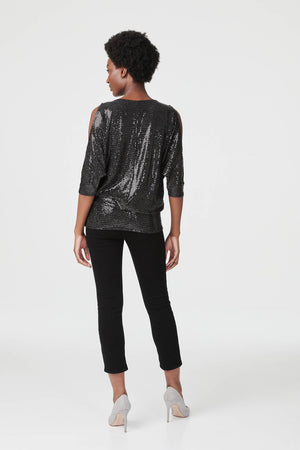 Black | Sequin Cold Shoulder Top