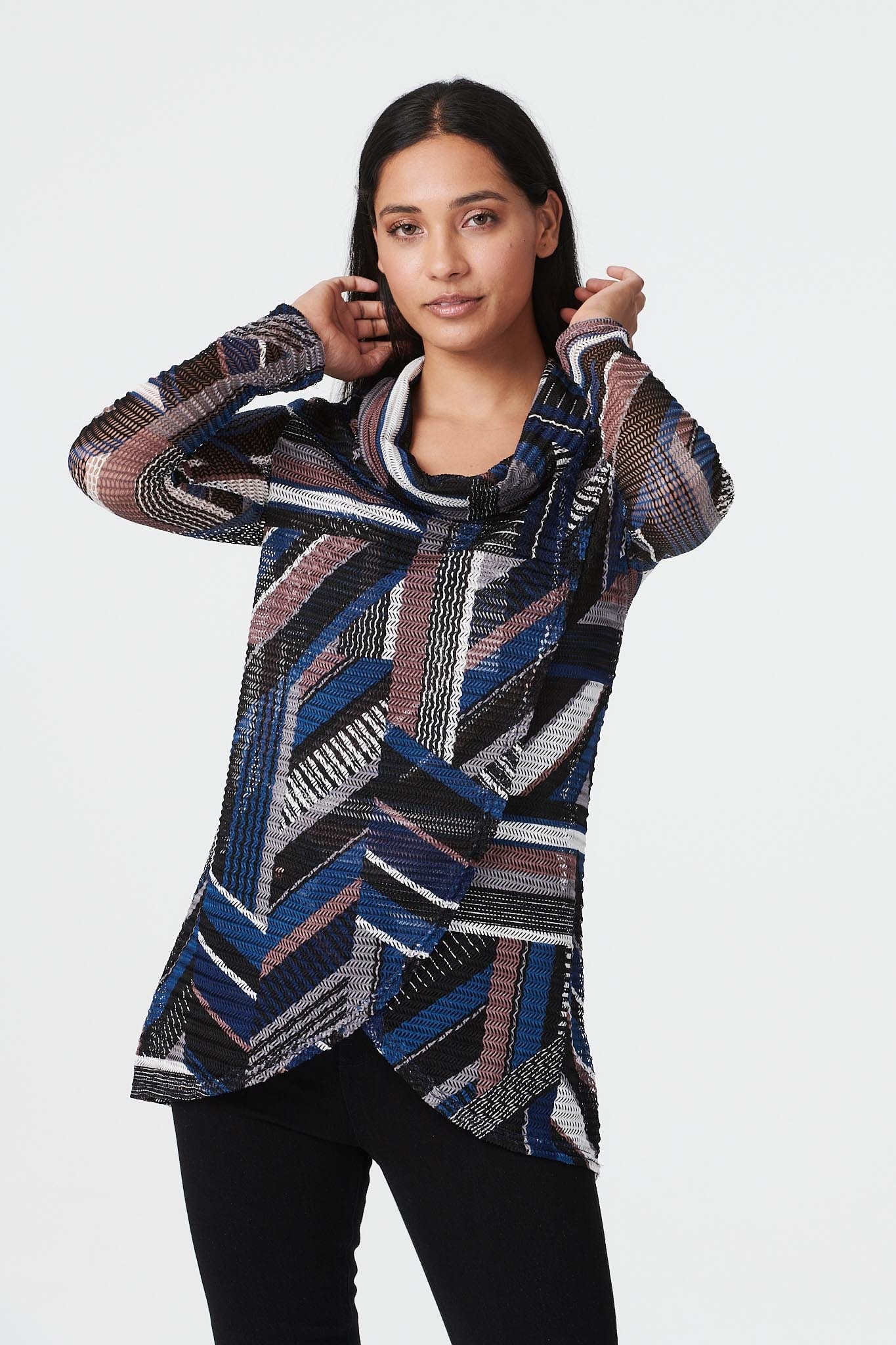 Navy | Geo Print Cowl Neck Top