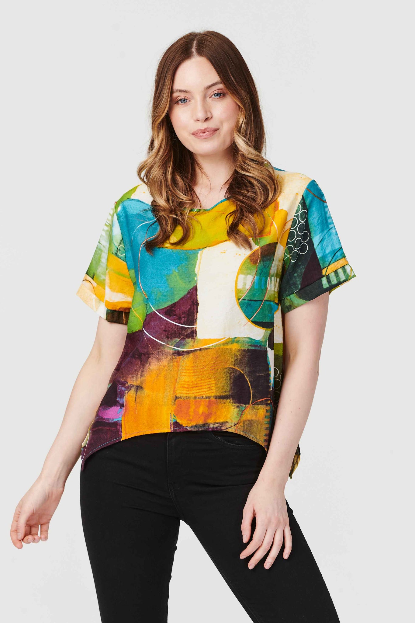 Beige | Abstract Print Short Sleeve Top