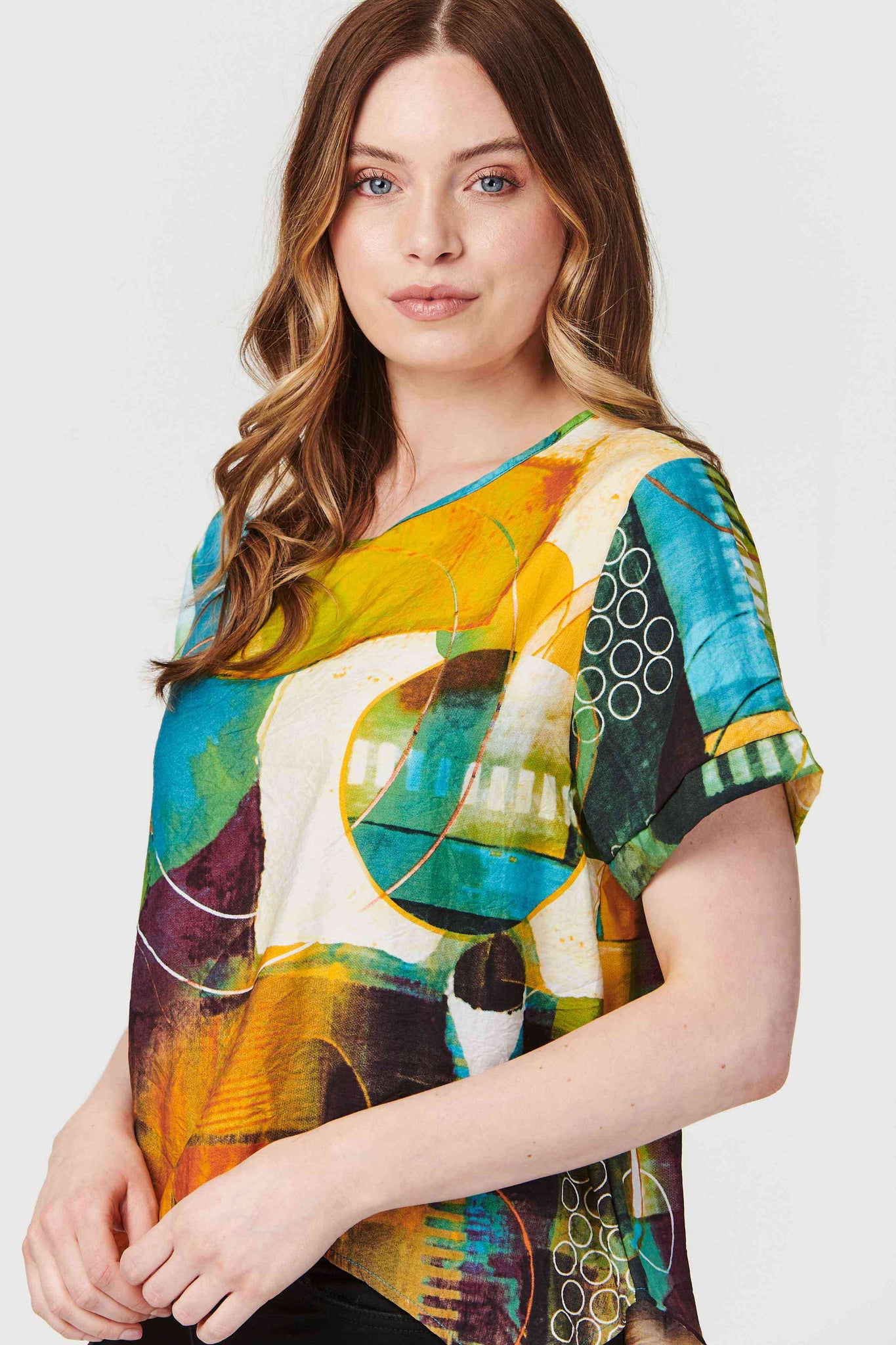 Beige | Abstract Print Short Sleeve Top